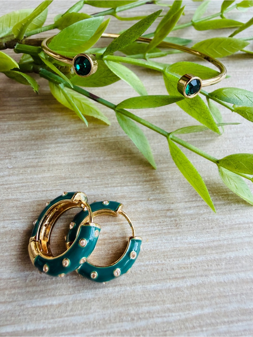 Gold-Tone & Holiday Green Enamel Hoop Earrings with statemnet Bangle